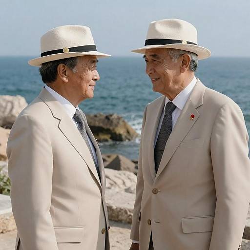 Two Gentlemen in Beige Suits By Ocean