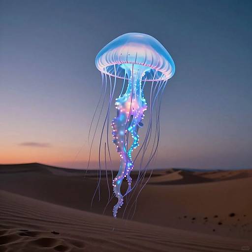 Photograph of a glowing blue and purple jellyfish floating above a desert at sunset, with its translucent dome and trailing tentacles illuminated against a gradient sky