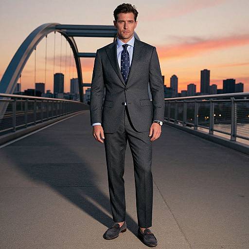 Photograph of a serious-looking man in a dark suit, blue shirt, and patterned tie standing on a bridge at sunset, city skyline in the