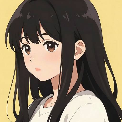 Anime-style digital drawing of a young girl with long black hair, large brown eyes, and a white shirt against a yellow background.