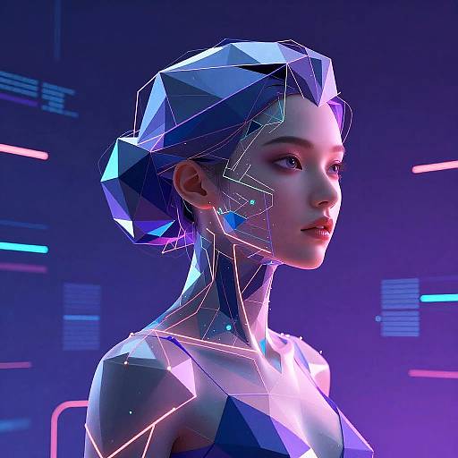 CGI digital art of a futuristic, geometric woman with crystal-like headpiece, glowing neon lights, and purple-blue background. She gazes forward with