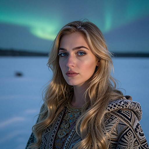 Photograph of a blonde woman with wavy hair, wearing a patterned black top, standing in a snowy landscape at night, with green northern lights