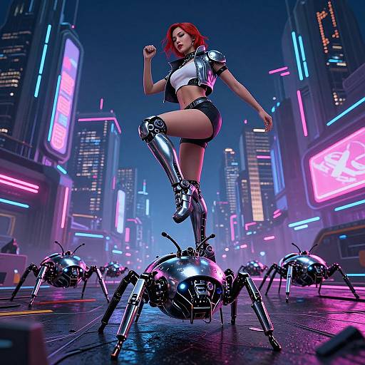 Digital art: Cyberpunk scene of red-haired woman in metallic outfit, standing on futuristic spider robots, neon-lit cityscape background.