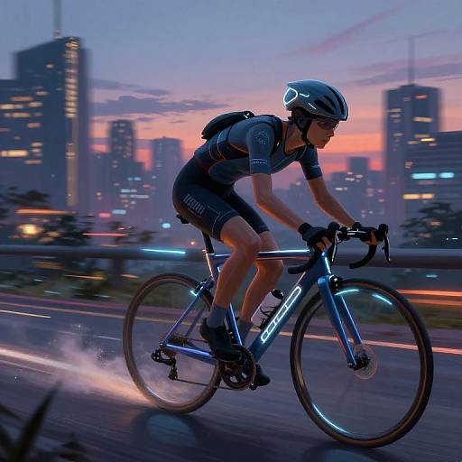 Photograph of a male cyclist in a dark racing suit and helmet, riding a blue illuminated bike at dusk in a city with glowing skyscrapers.