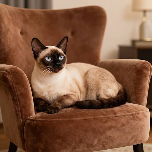 Photograph of a blue-eyed Siamese cat with dark points lounging on a brown velvet armchair in a softly lit room.