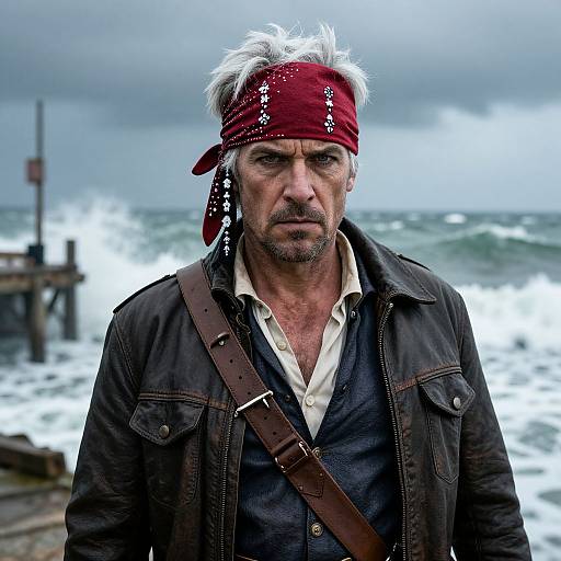 Photograph of a rugged, white-haired man with a red bandana, black jacket, and brown strap, standing by a stormy ocean.