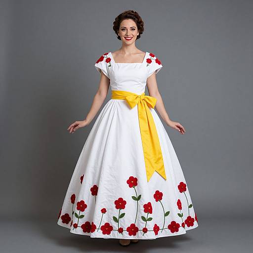 Photograph of a smiling woman in a vintage-style white dress with red flower embroidery, yellow sash, short sleeves, and a full skirt, standing