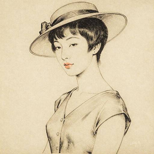 Vintage Sepia Etching of Woman with Pixie Cut