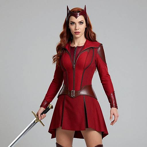 Photograph of a red-haired woman in a red, form-fitting, bat-winged costume with a cape, holding a sword, wearing a bat