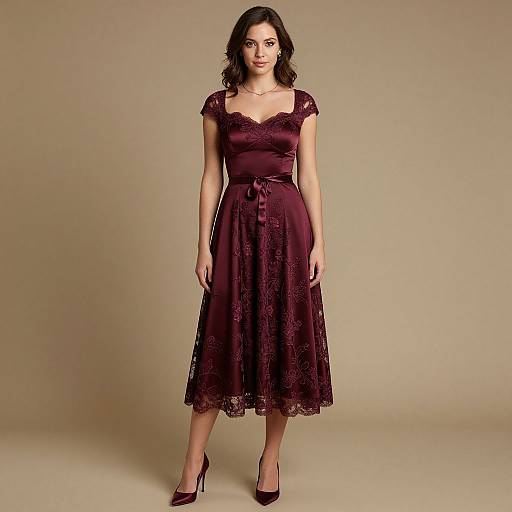 Photograph of a woman with wavy dark hair wearing a deep burgundy lace dress with short sleeves and a tied waist, standing against a plain beige