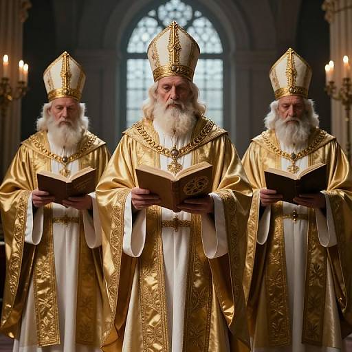 Photograph of three elderly Catholic bishops in ornate golden vestments and mitres, holding books, standing in a dimly lit, cathedral-like setting