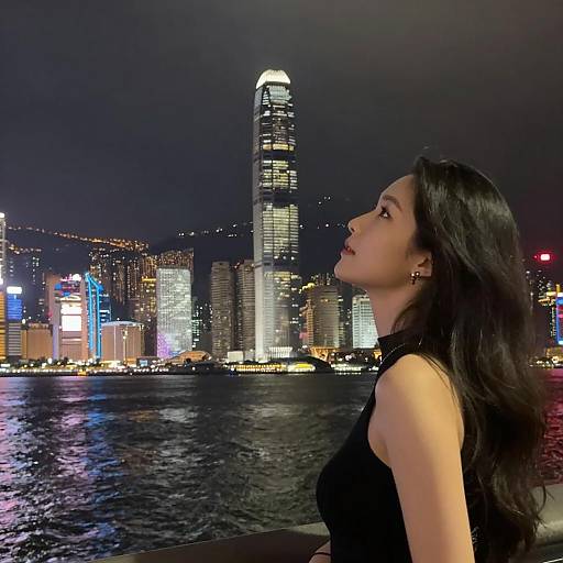 Elegant Woman in Vibrant Night Cityscape