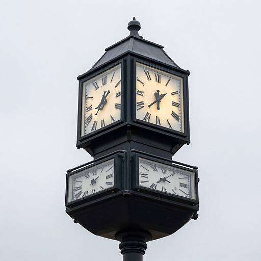Photograph of a black, multi-faced, Victorian-style clock tower with white faces and black Roman numerals against a bright, cloudy sky.