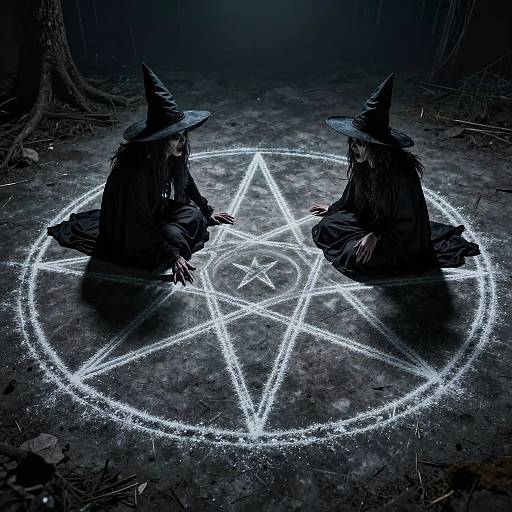 Photograph of two robed, witch-like figures with pointed hats, sitting on a glowing pentagram in a dark, forested setting.