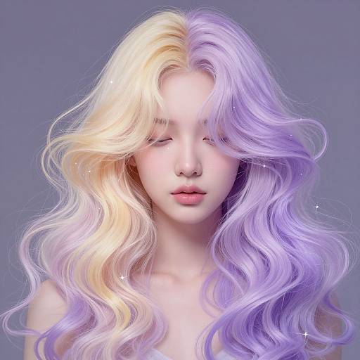 Digital artwork of a fair-skinned woman with long, wavy, pastel-colored hair blending blonde, purple, and lavender hues against a gray background