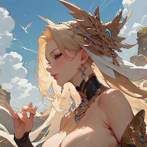 Fantasy Blonde Woman with Ornate Headpiece in Desert Landscape