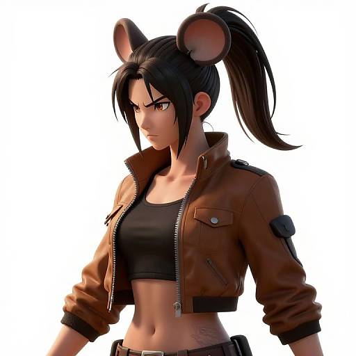 Digital anime-style drawing of a fierce, brown-eyed woman with mouse ears, black ponytail, brown leather jacket, black sports bra, and determined expression