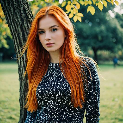 Redhead Woman in Polka Dot Dress Outdoors