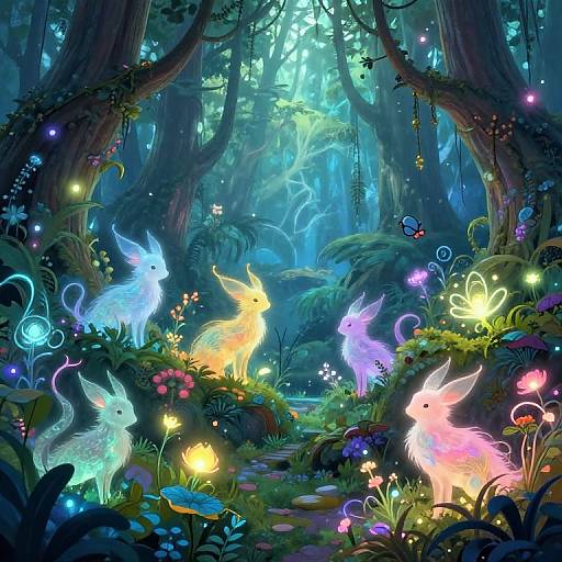 Whimsical forest scene with glowing, neon-colored mythical creatures dancing among vibrant flowers and bioluminescent plants, illuminated by ethereal light. Digital