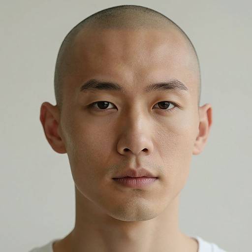 Photograph of a young, bald Asian man with a smooth, light brown complexion, neutral expression, and thin eyebrows, set against a plain white background