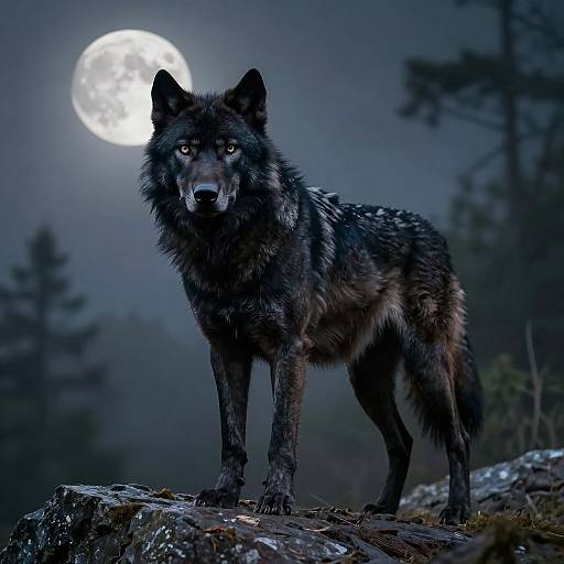 Photograph of a black wolf standing on a rocky ledge under a full moon, with a misty, forested background at night.