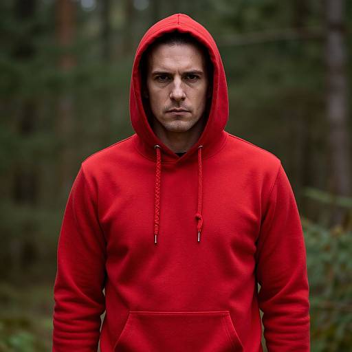 Man in Red Hooded Sweatshirt in Forest