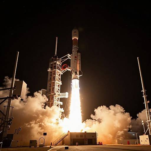 Photograph of a rocket launch at night, with bright white flames and thick orange smoke billowing from the launchpad.