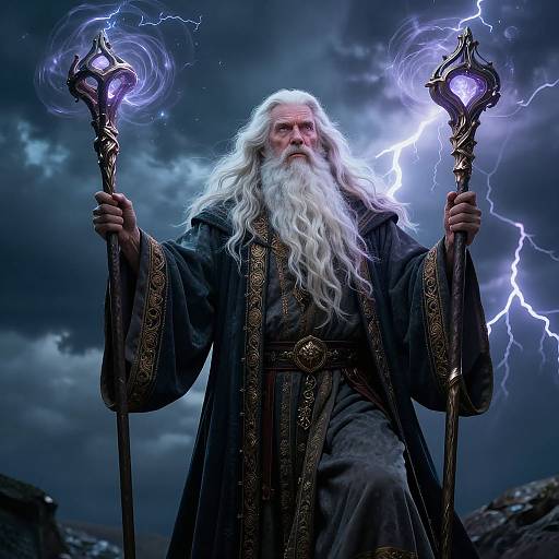 Photograph of a powerful, long-bearded wizard with white hair, holding two glowing, lightning-emitting staffs, dressed in a dark, orn