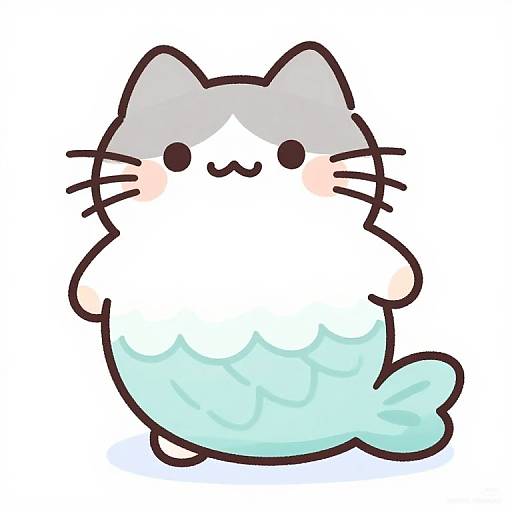 Adorable digital drawing of a chubby, white and blue catfish chibi character with gray ears, black eyes, and blush.