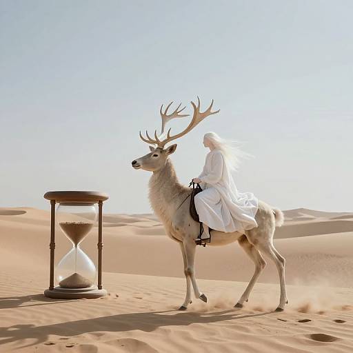 Photograph of a white-robed figure riding a white stag in a desert, beside an hourglass, under a bright, clear sky.