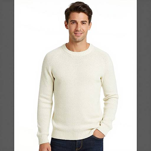 Photograph of a smiling, young Caucasian man with short dark hair, wearing a white knit sweater and dark blue jeans, standing against a plain white background