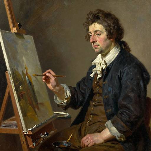 Baroque-style painting of a curly-haired man in a dark coat and white cravat, painting a landscape on an easel with a brush in