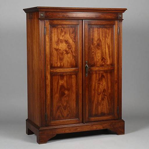 Photograph of a rich, dark wooden cabinet with paneled doors, brass hardware, and a classic, vintage design on a plain gray background.