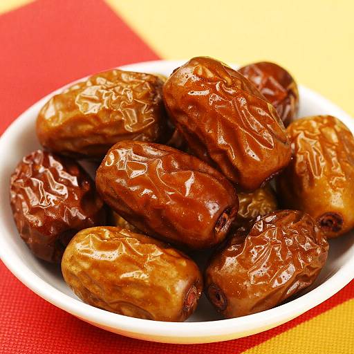 Photograph of a white bowl filled with shiny, wrinkled, brown dates, placed on a red and yellow checkered cloth.