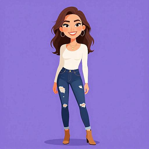Digital cartoon of a smiling woman with long brown hair, wearing a white off-shoulder top, ripped blue jeans, and brown ankle boots, against