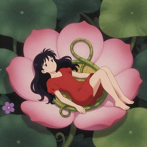 Anime Girl Nestled in Pink Petal