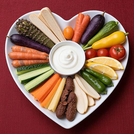 Heart-shaped plate filled with colorful vegetables, cheese slices, and a bowl of white dip, on a red textured cloth background.