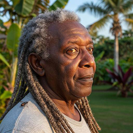 Photograph of an elderly African man with gray dreadlocks, wearing a white shirt, standing outdoors against a tropical garden background.