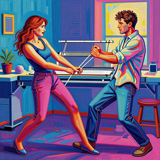 Vibrant digital illustration of a red-haired woman and brown-haired man playing ping-pong in a colorful, modern room with a potted plant and