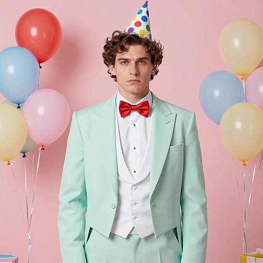 Man in Pastel Tuxedo with Party Hat