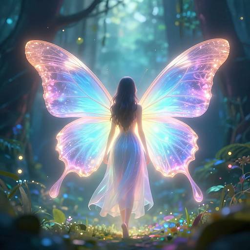 Digital artwork of a fairy with glowing blue-purple butterfly wings, backlit, standing in a mystical forest filled with light and fireflies.