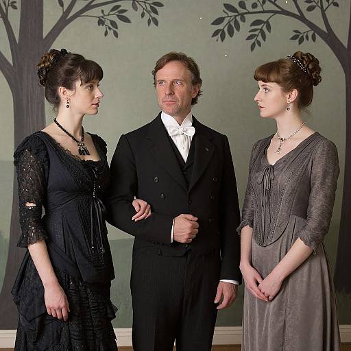 Photograph of a Victorian-style trio: a man in a black suit with white bow tie, flanked by two women in elegant black and gray dresses