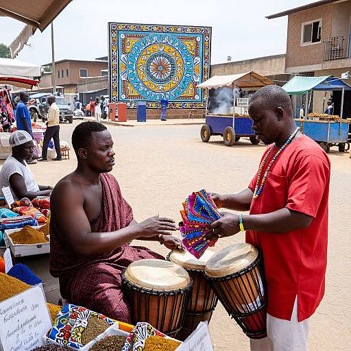 Photograph of two African drummers, one in a brown patterned loincloth, one in a red shirt, performing in a bustling outdoor market
