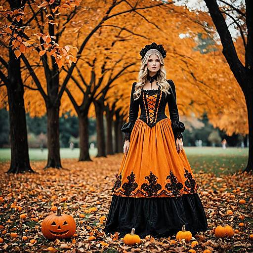 Woman in Victorian Halloween Dress in Autumn Park