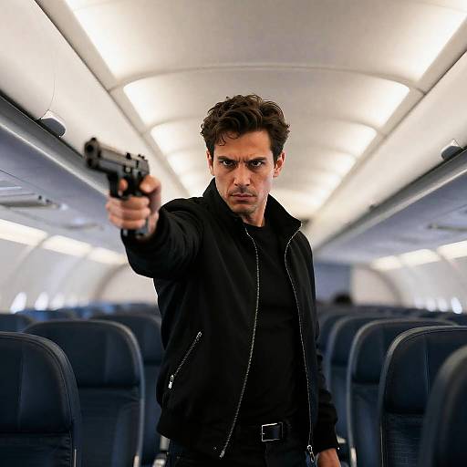 Intense Man with Handgun in Airplane Aisle