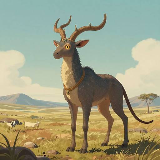 Digital illustration of a startled, antelope-like creature with large, curved horns, yellow eyes, and a golden necklace, standing in a sunny, grass