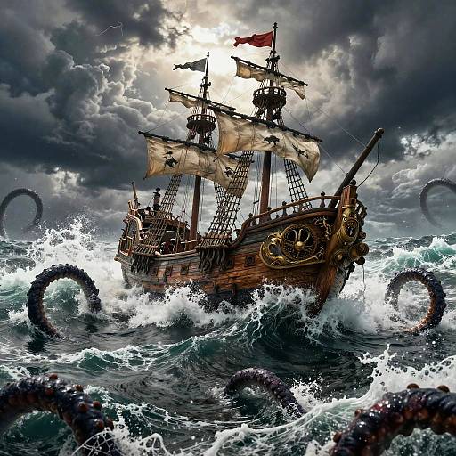 Digital painting of a stormy seascape with a wooden pirate ship, battered by waves, and surrounded by massive sea serpents. Dark clouds lo