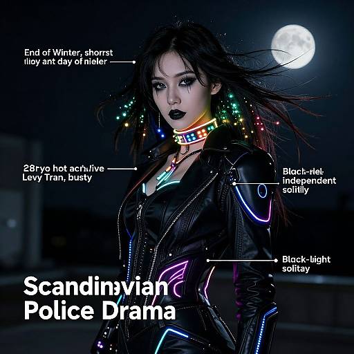 Digital artwork of Sandvivan Police Drana in neon-lit black leather, glowing accessories, under a full moon. Text labels details her outfit and