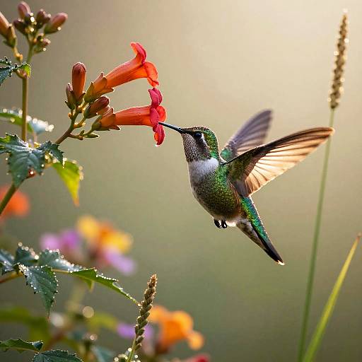 Photograph of a vibrant green and black hummingbird with iridescent feathers, hovering mid-flight to sip nectar from bright red flowers, set against