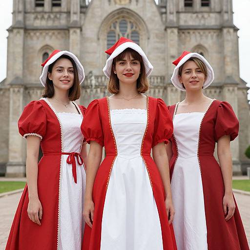 Three women in red and white Christmas dresses with Santa hats stand in front of a Gothic cathedral, smiling. Photograph.